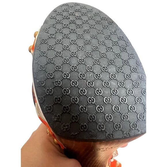 Gucci Orange Crane Wood Block Heels Sandals Sz. 8 - Picture 6 of 13